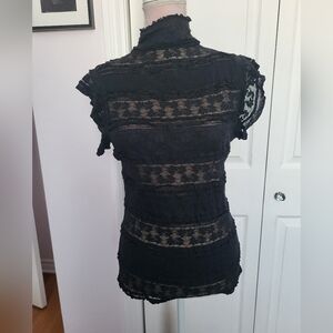 Max Studio Chic Black Lace Blouse over nude mesh sz M